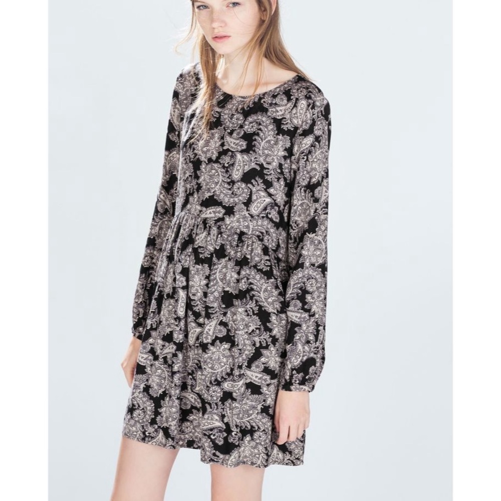 Zara Black Floral Boho Dress Button Back Sz M